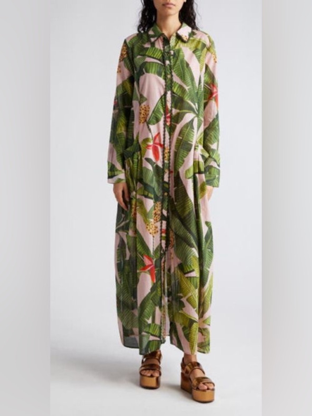 FARM Rio Pink Banana Leaves Cotton Coverup Maxi Shirtdress